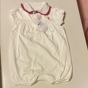 NWT Ralph Lauren Cream Baby Romper, pink pony, ruffle collar, rubber buttons